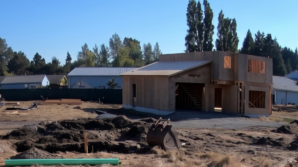 The Stratton under construction at 3920 San Juan Avenue, Port Townsend, WA: garage roof closed in