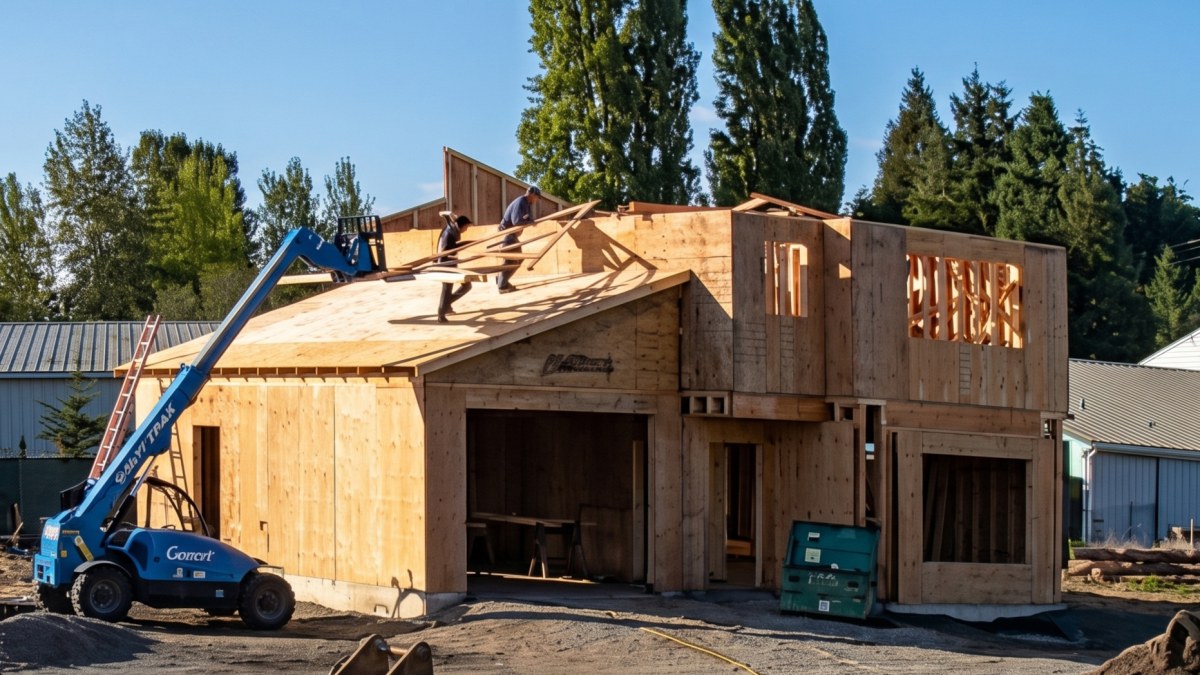 The Stratton under construction at 3920 San Juan Avenue, Port Townsend, WA: setting the main roof trusses