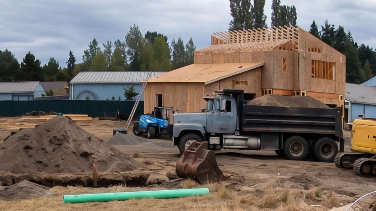 The Stratton under construction at 3920 San Juan Avenue, Port Townsend, WA: main roof trusses set