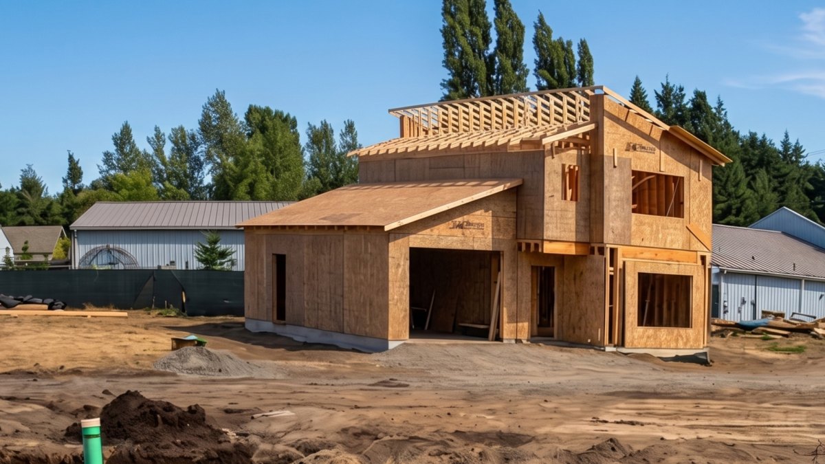 The Stratton under construction at 3920 San Juan Avenue, Port Townsend, WA: sheathing the main roof