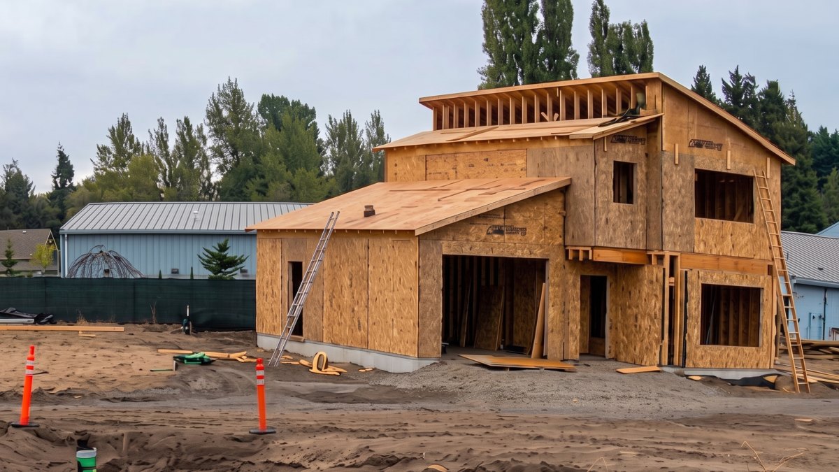 The Stratton under construction at 3920 San Juan Avenue, Port Townsend, WA: main roof sheathed