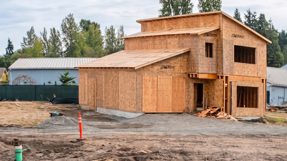 The Stratton under construction at 3920 San Juan Avenue, Port Townsend, WA: entire roof closed in