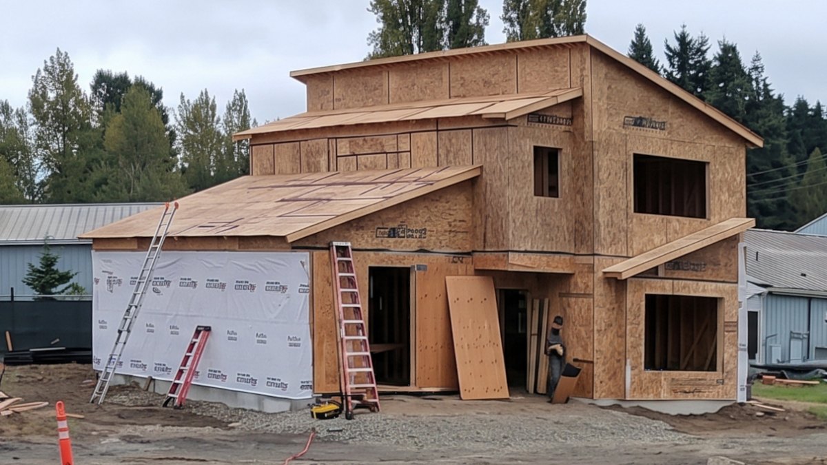 The Stratton under construction at 3920 San Juan Avenue, Port Townsend, WA: house wrap going on
