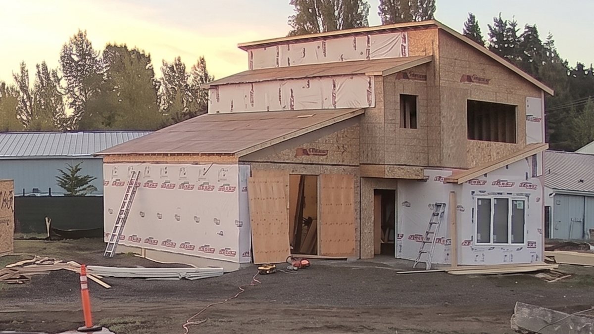 The Stratton under construction at 3920 San Juan Avenue, Port Townsend, WA: first windows going in