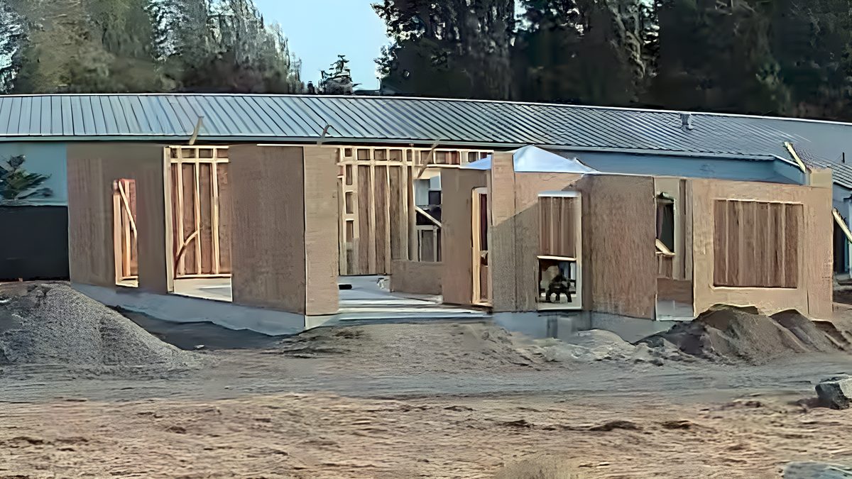 The Stratton under construction at 3920 San Juan Avenue, Port Townsend: sheathing the walls