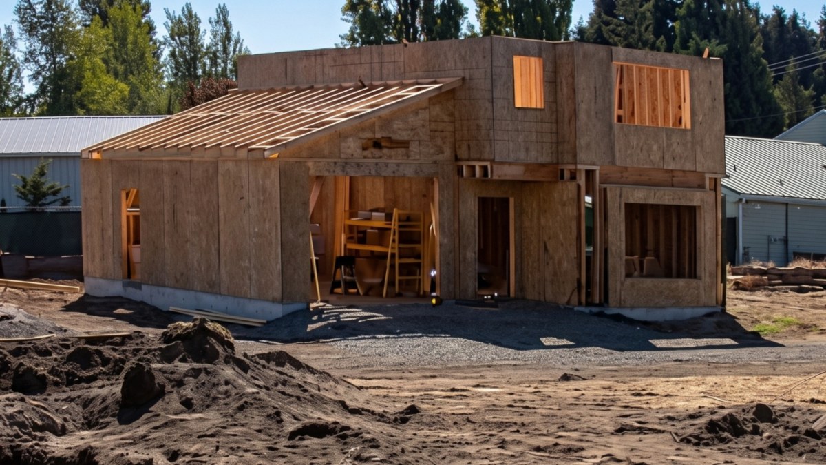 The Stratton under construction at 3920 San Juan Avenue, Port Townsend, WA: the roof framed out