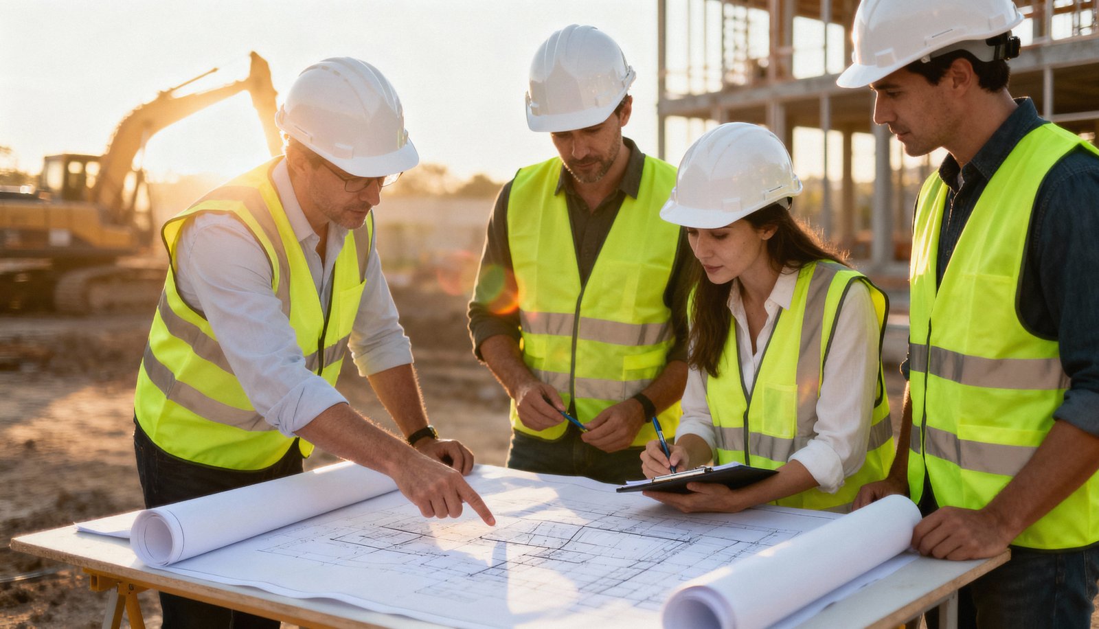 Strukt construction team reviewing plans on site